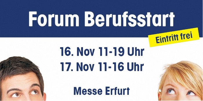 Forum Berufsstart 2016 Zwei angeschnittene Köpfe mit Text Forum Berufsstart 2016 und Datum