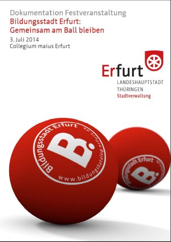 Das Titelblatt der Dokumentation der 7. Netzwerkkonferenz stellt rote Bälle dar, auf denen der Schriftzug Bildungsstadt Erfurt erkennbar ist.