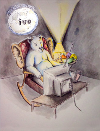 Zeichnung, darauf sitzt ein Bär in einem Ohrensessel vor einem Fernsehgerät