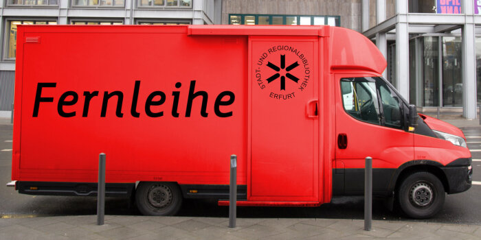 Roter Transporter mit Aufschrift "Fernleihe" und Stadt- und Regionalbibliothekslogo.