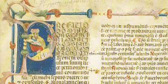 Erste Seite von Hippokrates "Libri septem aphorismorum cum commento Galieni" mit kunstvoll gezeichneter Initiale "P".