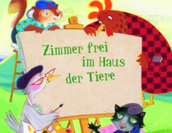 Buchcover: Zimmer frei im Haus der Tiere Ausschnitt des gezeichneten Buchcovers "Zimmer frei im Haus der Tiere". Unterschiedliche Tiere gestalten eine Leinwand.