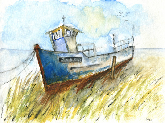 Aquarell eines Fischerbootes, umgeben von blauem Himmel und Dünen