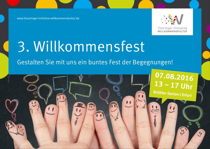 3. Willkommensfest Lächelnde Gesichter auf Fingerkuppen