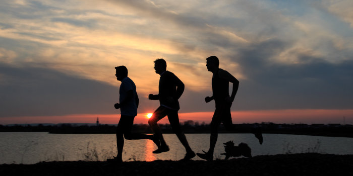 Foto: Gesund und Fit © Stadtverwaltung Erfurt/Grit Kästner Jogger mit Hund im Sonnenuntergang am Stotternheimer See.