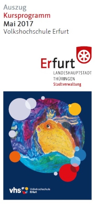 Titelbild Flyer Volkshochschule - Auszug aus dem Kursprogramm Monat Mai 2017 Titelbild Flyer VHS mit Froschkönig in farbigen Kreisflächen