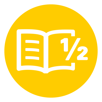 Grafik: Fachbereich 6 © Deutscher Volkshochschul-Verband e. V. Fachbereich 6 wird visualisiert durch einen Button auf dem ein Buch und ein Bruch abgebildet sind. Diese stehen symbolisch für Kurse aus dem Bereich Grundbildung.
