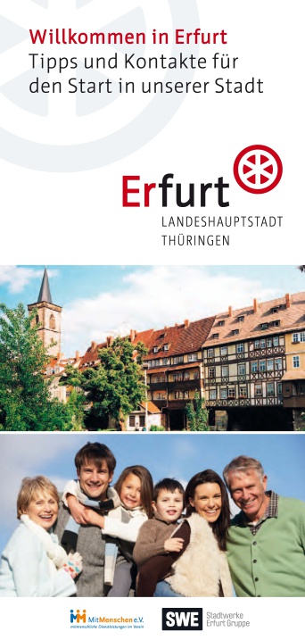 Bild: Willkommen in Erfurt – Tipps und Kontakte für den Start in unserer Stadt © MitMenschen e. V. Titelblatt Broschüre – Willkommen in Erfurt – Tipps und Kontakte für den Start in unserer Stadt