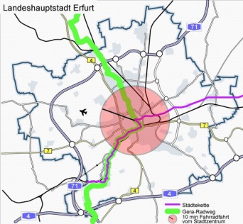 Foto: Umkreis einer 10-minütigen Fahrradfahrt © Stadtverwaltung Erfurt Darstellung einer Karte von Erfurt mit einem Umkreis für die übliche Distanz einer 10-minütigen Fahrradfahrt