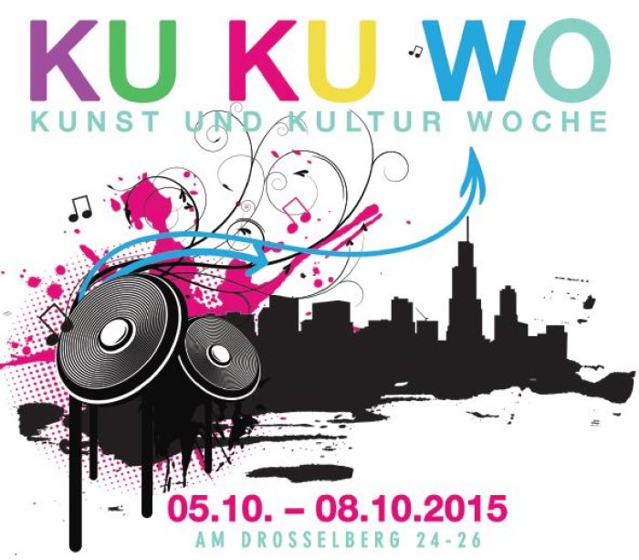 Kunst- und Kulturwoche 2015 Logo der Kunst- und Kulturwoche mit einem Städte- Relief und der Abbildung von Lautsprechern, aus denen Musik ertönt
