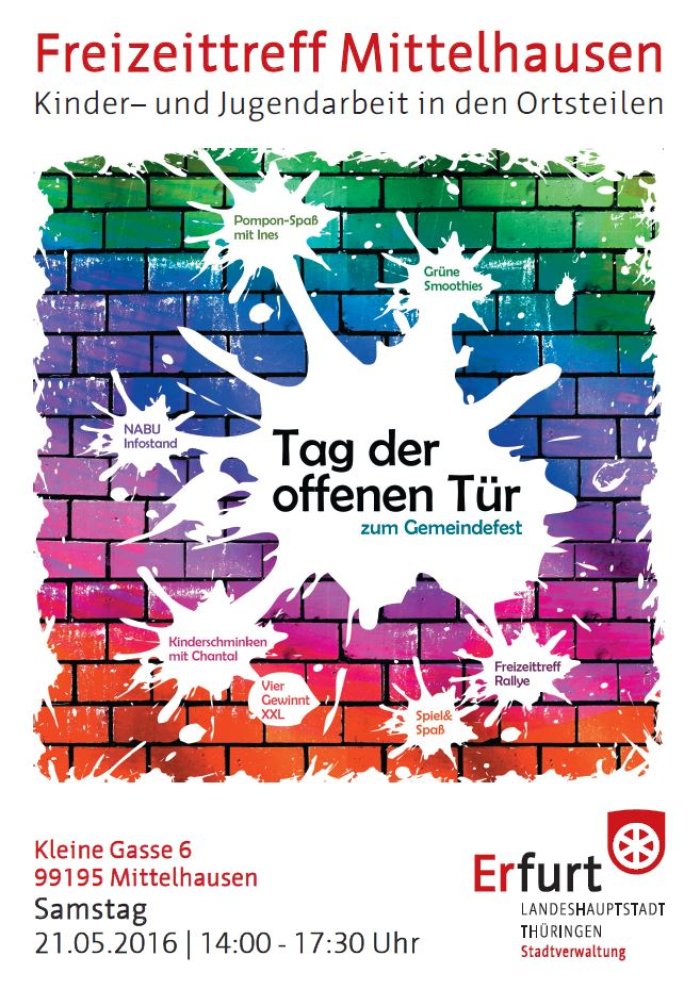 Freizeittreff Mittelhausen Tag der offenen Tür 21.05.2016 Plakat des Freizeittreffs Mittelhausen für den Tag der offenen Tür 21.05.2016
