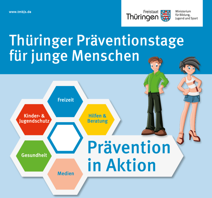 Thüringer Präventionstage für junge Menschen Das Bild zeigt einen Jungen und ein Mädchen als Cartoonfiguren.