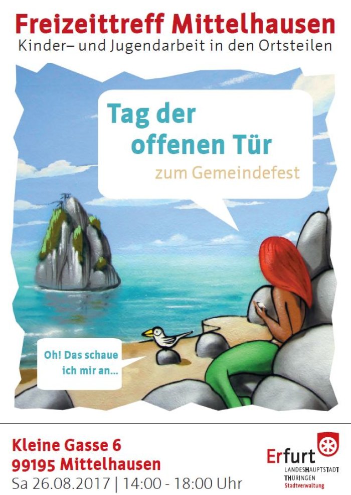 Tag der offenen Tuer Mittelhausen 2017 Das Plakat zum Tag der offenen Tür im Freizeittreff Mittelhausen am 26.08.2017 zeigt ein Graffiti von einer rothaarigen Meerjungfrau, die am Strand sitzend auf das Meer und eine dortige Insel schaut.