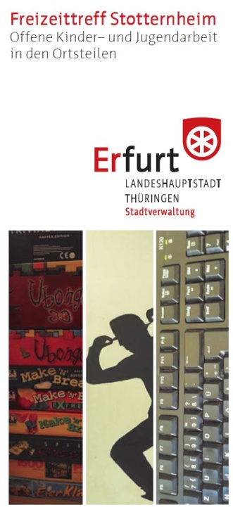 Das Titelbild des Flyers vom Freizeitreff in Stotternheim zeigt drei verschiedene Bilder zu Gesellschaftsspielen, den Schatten eines Tänzers und eine Computer-Tastatur