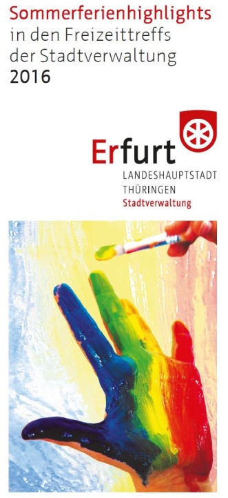 Titelblatt Flyer Sommerferien 2016 Freizeittreff mit Farbe bunt bemalte Hand