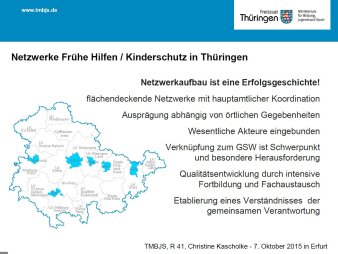 Die Darstellung zeigt die Karte des Bundeslandes Thüringen und die dort abgebildeten Netzwerke der Frühen Hilfen 
