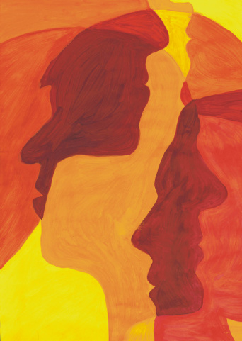 Logo Erfurter Psychosegespräch Die Grafik zeigt mehrere schemenhaft dargestellte Gesichtsprofile in differierend verlaufenden farblichen Schattierungen, ein Rorschach - Testbild assoziierend.