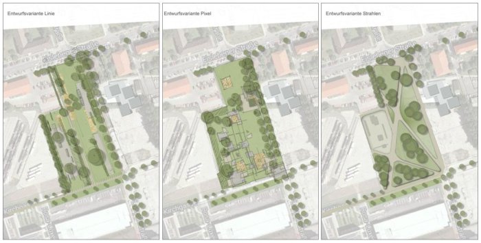 Stadtteilpark Johannesfeld: Übersicht Entwurfsvarianten Draufsicht auf 3 unterschiedliche Entwürfe für die Gestaltung eines Parks.