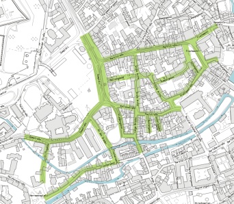 Es ist das Bewohnerparkgebiet F – Domplatz mit den einbezogenen Straßen als Karte dargestellt.
