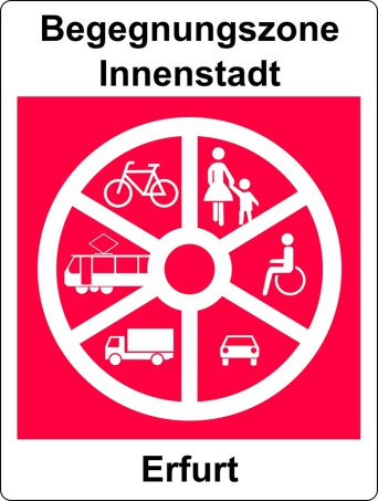 das Erfurter Rad, zwischen den Speichen sind die verschiedenen Fortbewegungsmittel dargestellt., Schrift "Begegnungszone Innenstadt Erfurt"