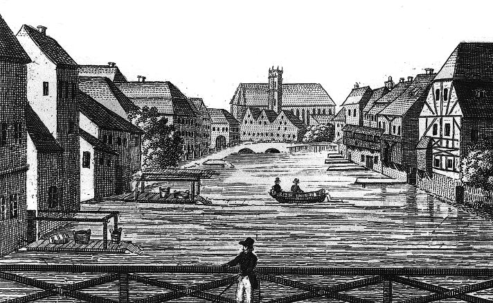 Ausschnitt eines farbigen Sammelbildes "Erinnerungen an Erfurt", Blick von der Mühlstege zur alten Schlösserbrücke und der Schlössermühle, um 1800