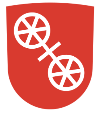 Zwei 6 speichige Räder auf rotem Wappenschild