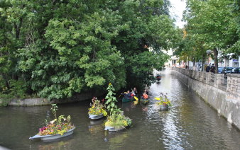 Blick auf den Breitstrom, wo Kanu-Fahrer unter grünen Bäumen durch das Wasser paddeln.