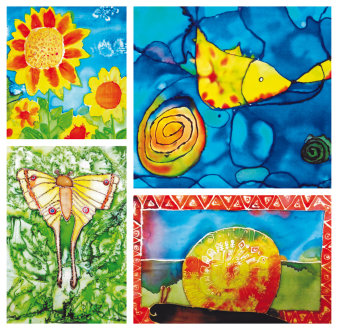 Collage aus vier bunten Seidenmalerei-Motiven (von links oben nach rechts unten): Sonnenblumen, Schmetterling, Fisch, Schnecke mit Schneckenhaus