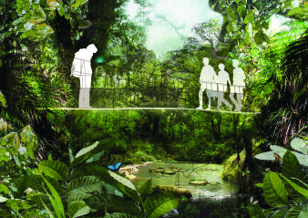 Am Computer generierte 3D-Ansicht. Weiße Silhouetten von Menschen überqueren eine Hängebrücke, die über einen Flusslauf führt. Dargestellt ist es in einem tropischen Umfeld mit typischen Pflanzen der Klimazone und Schmetterlingen.