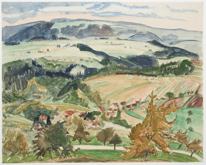 Erich Heckel: Blick vom Hohenstaufen, 1935 Wasserfarben, farbige Kreide Erworben 1956, Ankauf von Privat Angermuseum Erfurt, Grafische Sammlung Gemälde einer Landschaft