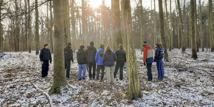 eine Gruppe von rund zehn Jugendlichen steht im verschneiten Wald
