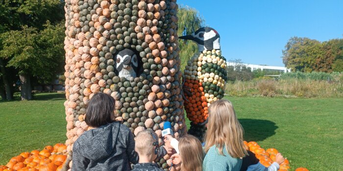 Kinder in Rückansicht stehen vor einer Skulptur aus Kürbissen, die Spechte an einem Baum zeigen.