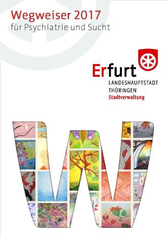 Titelseite Wegweiser 2017 für Psychiatrie und Sucht Die Titelseite zeigt ein aus Mosaikelementen unterschiedlicher Bilder zusammengesetztes großes buntes W.