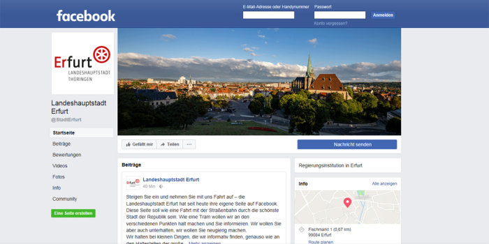 Bildschirmdarstellung der Seite mit Log der Landeshauptstadt Erfurt und Panorama-Bild