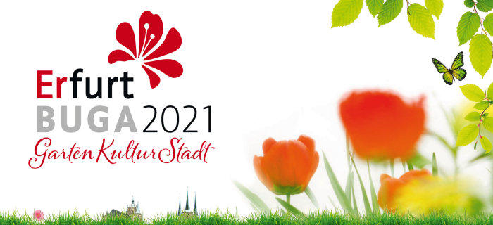 Erfurt BUGA 2021 Wort-Bild-Marke mit der Aufschrift Erfurt BUGA2021 Gartenkulturstadt