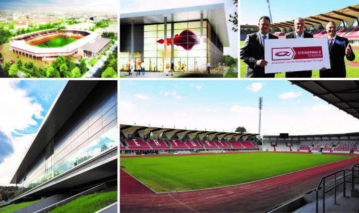 Eine Collage mit mehreren Fotos, die den Umbau eines alten Stadions in eine moderne Arena zeigen.