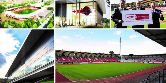 Eine Collage mit mehreren Fotos, die den Umbau eines alten Stadions in eine moderne Arena zeigen.