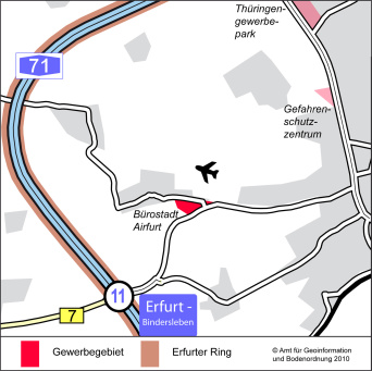 Die Karte zeigt den Ausschnitt im Stadtgebiet, wo der Büropark Airfurt liegt: in der Nähe des Flughafens. Auch die Nähe zur A 71 und die nächste Auffahrt Erfurt - Bindersleben ist erkennbar.