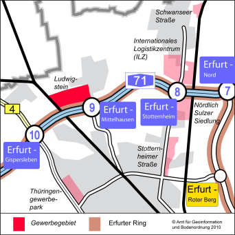 Die Karte zeigt den Ausschnitt im Stadtgebiet, wo das Gewerbegebiet Ludwigstein liegt: im Norden der Stadt, unmittelbar an der A 71, Anschlussstelle Erfurt – Mittelhausen. 