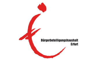 Logo Bürgerbeteiligungshaushalt Erfurt 1,6:1 rotes Eurosymbol mit Schriftzug Bürgerbeteiligungshaushalt Erfurt