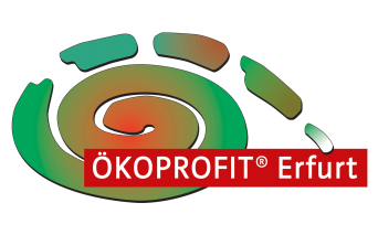 Grafik: Logo Ökoprofit Erfurt © Landeshauptstadt Erfurt, Stadtverwaltung schneckenartige Linie/Spur mit Text Ökoprofit Erfurt