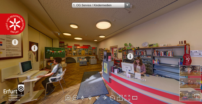 Foto: Screenshot: Virtuelle Tour Kinder- und Jugendbibliothek © Stadtverwaltung Erfurt Blick in das 1. Obergeschoss Service / Kindermedien und Beratungstheke