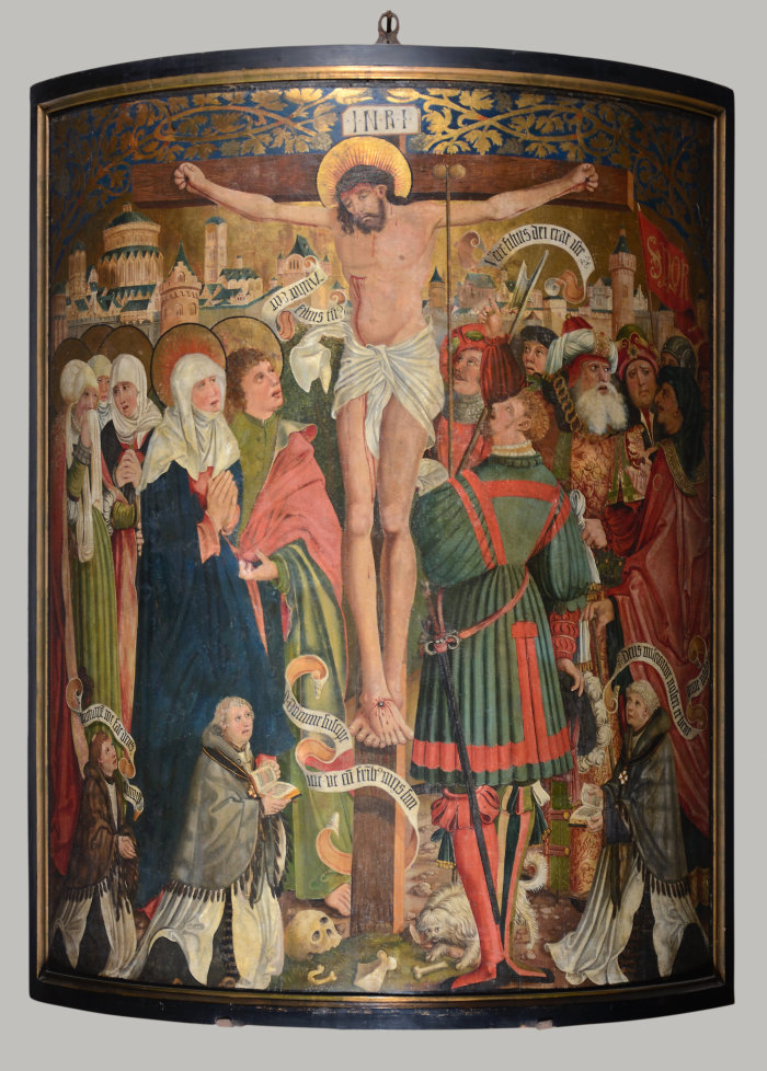 Kreuzigung: Pfeilerbild im Hohen Dom zu Erfurt St. Marien, Kathedralkirche des Bistums Erfurt, um1520 Der gekreuzigte Jesus Christus mit Heiligenschein, links die Gottesgebärerin Maria, die anderen Frauen und (vermutlich) der Lieblingsjünger, rechts sieben weitere Männer. Unter dem Kreuz mit der angebrachten Tafel "INRI" (Iesus Nazarenus Rex Iudaeorum - Jesus von Nazaret, König der Juden) drei Personen knieend.