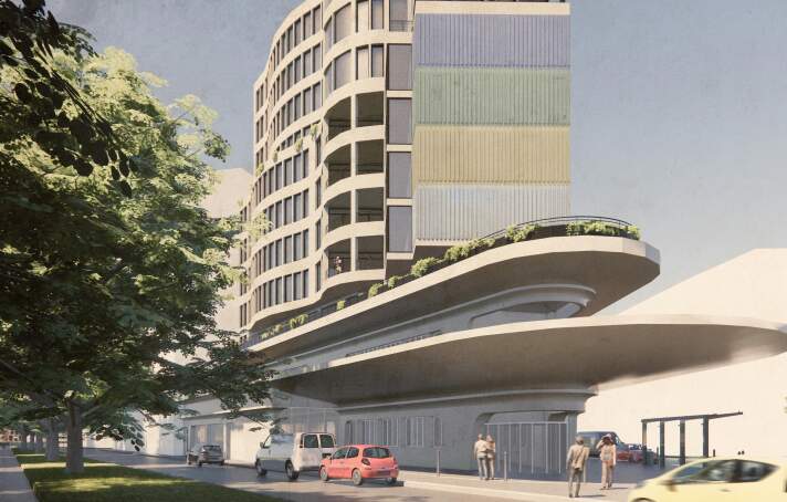 Illustration einer Projketskizze mit einem großen Wohnhaus davor Menschen und parkende Autos