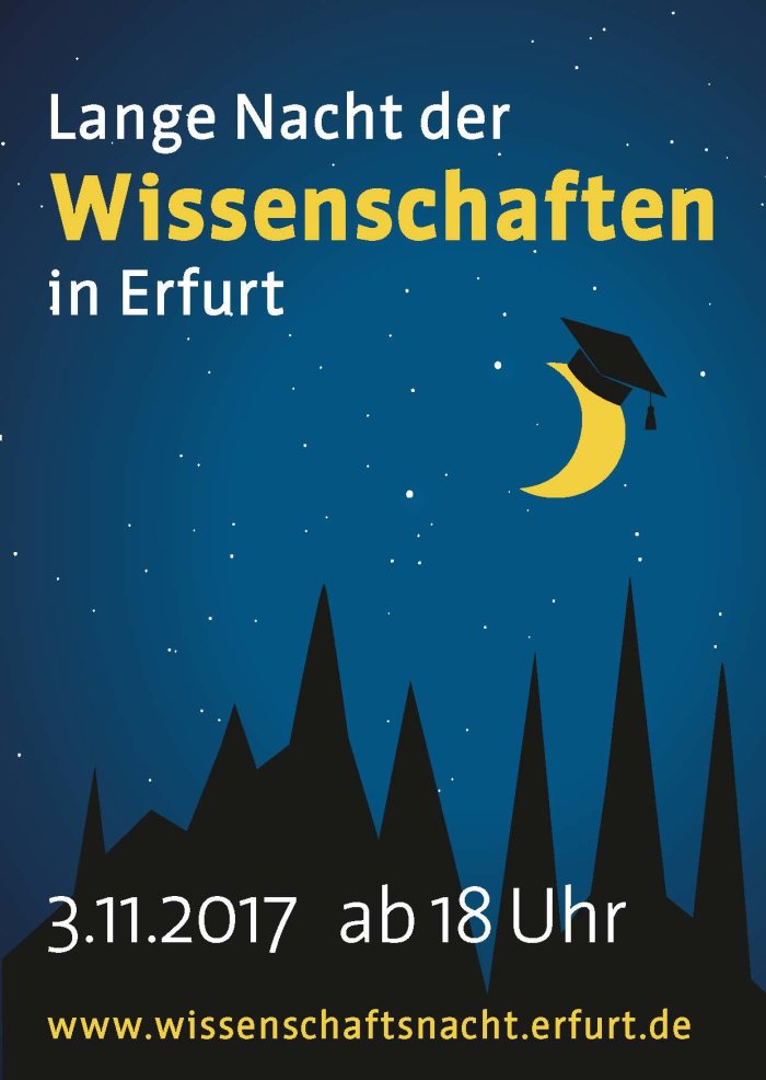 Postkartenmotiv Lange Nacht der Wissenschaften 2017 Titeltext auf Sternenhimmel und Domsilhouette