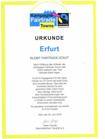 Urkunde zur Auszeichnung der Landeshauptstadt 2018 als Fairtrade Town