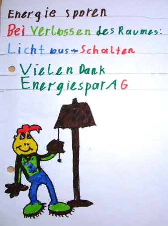 Kinderzeichnung zum Energiesparen - Licht ausschaltenZeichnung zeigt Kind, das den Lichtschalterbetätigt.