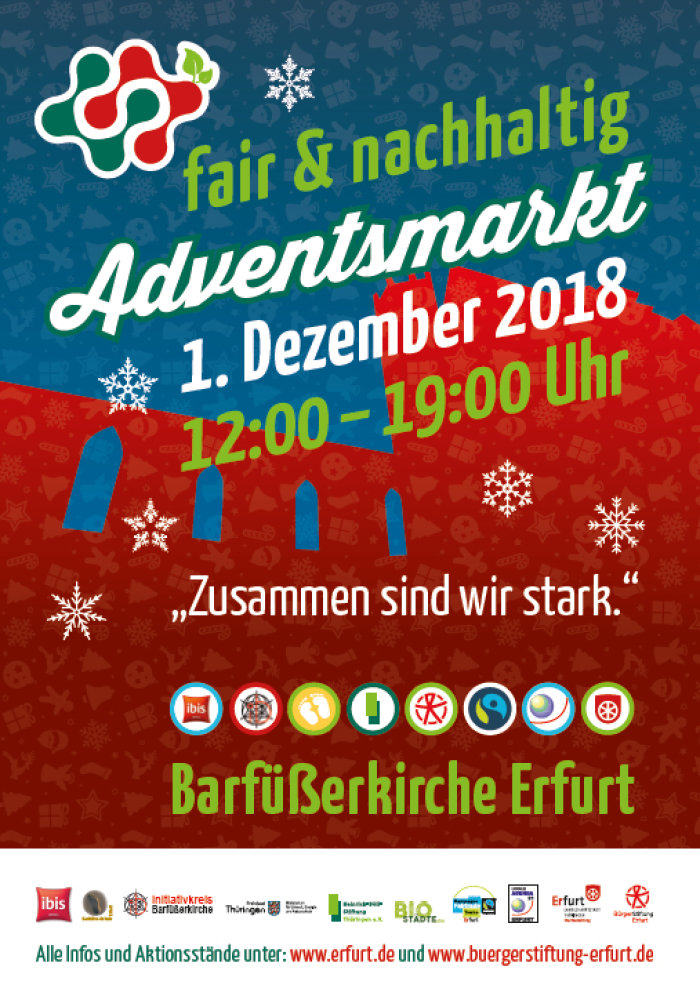 „Zusammen sind wir stark“: Adventsmarkt fair & nachhaltig Farbig gestaltetes Bild-Text-Plakat.