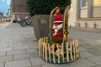 ein rundes, in einen niedrigen Holzzaun eingefasstes, weihnachtliches Arrangement