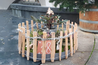 ein rundes, in einen niedrigen Holzzaun eingefasstes, weihnachtliches Arrangement